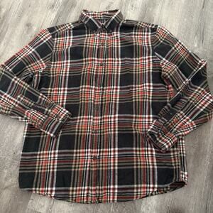 St Johns Bay Shirt Mens Sz Large Flannel Black Red Plaid Long Sleeve 100% Cotton